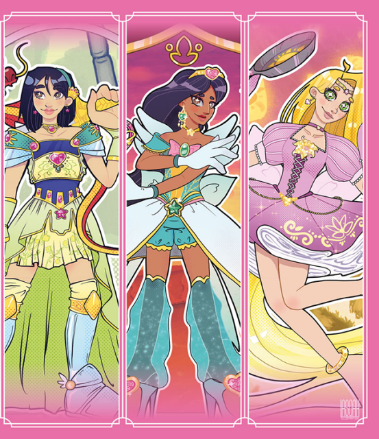 picture fragment with pink background and Mulan, Jasmin and Rapunzel as magical girls