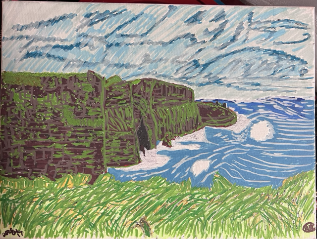 Alt text: A stylized coastal landscape painting shows steep green cliffs stretching from the left toward the center, with a small dark cave opening at the base. Blue ocean waves with white foam crash against the shoreline on the right, curving along the coast. The foreground is filled with loose, sketchy strokes of green grass. Above, a sky of layered blue and gray clouds is rendered with diagonal brushstrokes, giving a windy, dynamic feel. The colors are bold and simplified, with visible line work and a slightly abstract, expressive style.