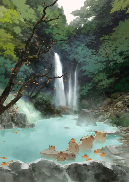 a digital painting featuring capybara in a natural hot spring