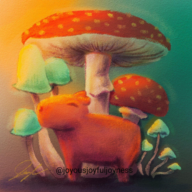 Painting of a capybara surrounded by large mushrooms in a variety of shapes. The artist's signature and watermark @joyousjoyfuljoyness are at the bottom.