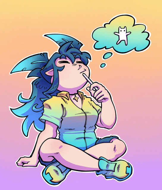 A digital drawing of Lumen sitting cross legged and imagining some weird little freak creature dancing in a thought bubble.