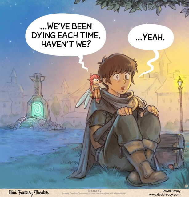 Panel 4. The adventurer and fairy sit frozen in shock and horror, clutching their knees, the Fast Travel Totem visible in the background.  
> Pink Fairy: "...We've been dying each time, haven't we?"  
> Adventurer: "...Yeah."