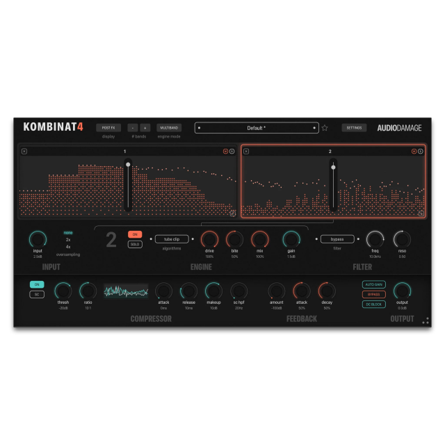 Kombinat 4 plugin UI with various saturation bands.
