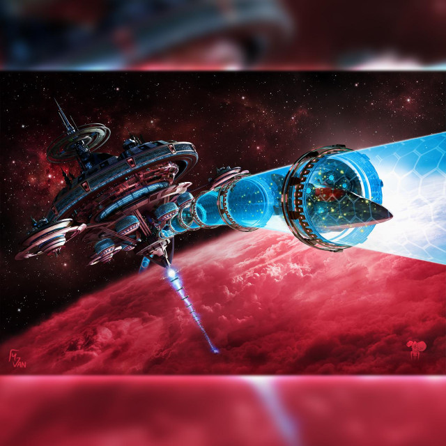 Digital illustration of a large, multi-leveled space station orbiting a cloud-covered planet, the space above filled with stars and bright nebulae. A rising sun illuminates a transport ship inside a hyperloop tunnel formed of evenly spaced rings originating from the space station and extending to either side, encircling the planet. Projected from and between the rings is a transparent shield, whose hexagonal pattern is subtly visible. 