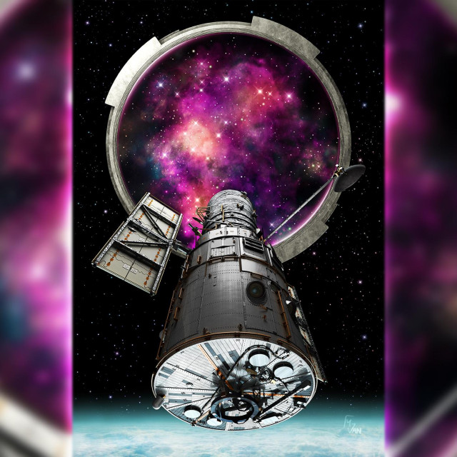 Digital illustration of the Hubble space telescope in orbit, illuminated from below by the beautiful Earth and from above by a bright, purple nebulae filled with stars and wonders. The nebulae sits within a ring that ressembles a camera lens, with the position of the ring and space telescope below together forming the shape of a keyhole in space, as Hubble helps us unlock the mysteries of the universe.