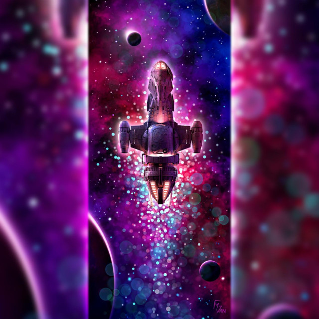 Digital illustration of the Firefly-class spaceship, Serenity, as she adventures among brightly colored nebulae, stars, and eclipsing planets and moons. The ship leaves a trail of brightly colored bubbles in her wake as she sails through the river of space.  