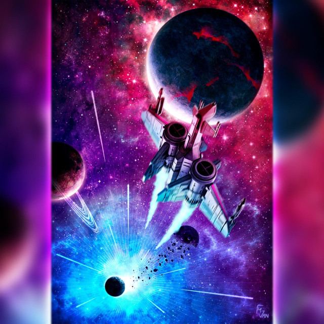 Digital illustration of a spaceship jetting across brightly colored nebulae, stars, exploding planets, and other wonders of the universe.