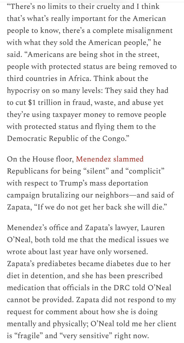 The image features a text excerpt discussing serious issues regarding immigration policy, the treatment of individuals with protected status, and the ongoing challenges faced by a person named Zapata, including health concerns during detention. It highlights comments made by Senator Menendez on these topics…