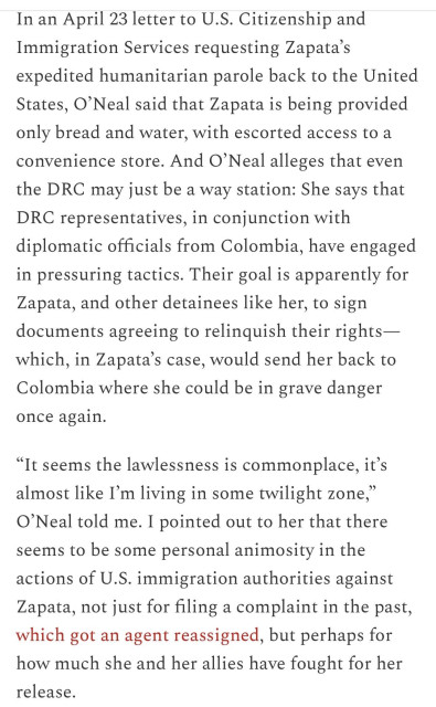 Text discussing concerns about humanitarian treatment and legal challenges faced by an individual named Zapata, highlighting issues with U.S. immigration authorities and potential dangers if returned to Colombia.