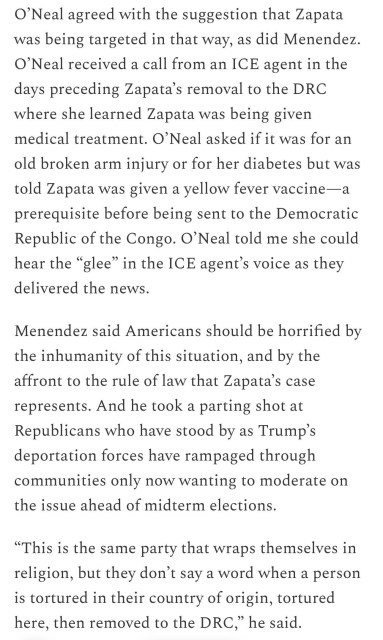 The image features a text excerpt discussing concerns over the deportation of Zapata to the Democratic Republic of the Congo. It highlights O’Neal's accounts of communication with ICE regarding Zapata's medical treatment and vaccinations before her removal. Menendez critic…
