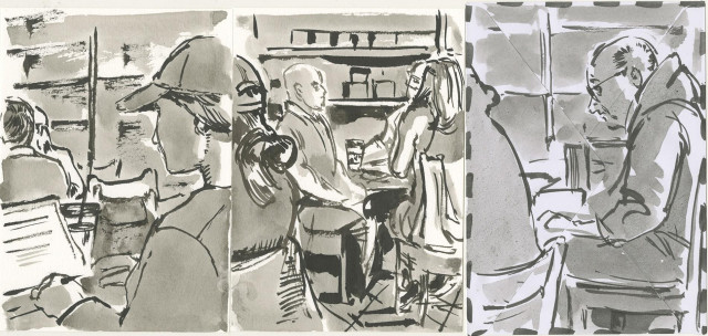3 ink drawings on 2 postcards and an envelope of people at coffee shop. on 2 left cards, one cafe patron is drawn partially on one postcard and then also on the second one. 