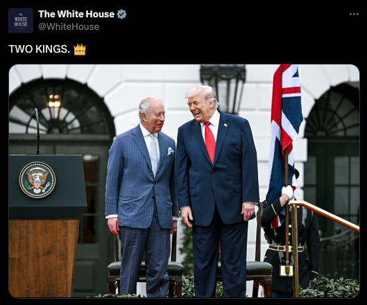 White House Fascist account posts a picture of Charles and Trump with caption: "Two Kings"

Fuck them all 