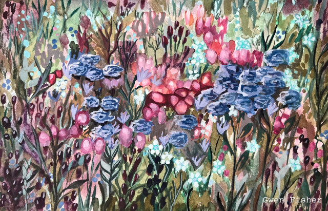 Abstract painting of flowers. The style is loose and frenetic with a lot of brushstrokes and detail. The color range is limited to blue, purple, and pink with dull greens and brown. 