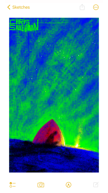 A conical tent sits on a vast, icy expanse under a deep blue night sky. Green auroral flames cover the sky, fading to stars. The tent glows red, and the light from the inside reveals the silhouette of someone sitting inside the tent. A few feet outside the tent is the glow of a lingering fire. The ground is blue. This painting is rendered in primary colors: red, yellow, green, blue, and black. The painting is signed "Chris Silverman".