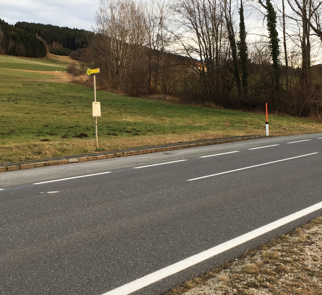Bild von Bushaltestelle entlang Freilandstraße, ohne Wartehäuschen, keine Sitzgelegenheit, kein sicherer Straßenübergang, nicht barrierefrei. Foto:  VCÖ