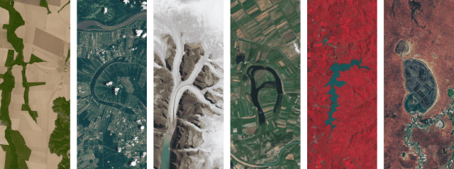 This image is a collage of six distinct satellite views, each showcasing different natural landscapes. From left to right:

Panel 1: Shows a patchwork of agricultural fields and forested areas forming the letter F. 
Panel 2: Features a prominent, dark green, U-shaped river or waterway, surrounded by a dense network of smaller, rectangular agricultural plots or aquaculture ponds.
Panel 3: Displays a stark, mountainous or glacial landscape where the glaciers form the letter K.
Panel 4: Presents a meandering, dark blue or black  A-shaped river cutting through a vibrant green landscape of cultivated fields. 
Panel 5: This panel is rendered in false color, where healthy vegetation appears bright red. A long, irregularly shaped body of dark teal water, likely a lake or reservoir, is prominently featured forming the letter F against the reddish-brown forested or vegetated land
Panel 6: Shows a reddish-brown, arid or sparsely vegetated landscape. In the center, there is a large, dark, D-shaped area that appears to be a body of water or a wetland.

The series form the word FCKAFD which is a statement against the German fascists party AFD.