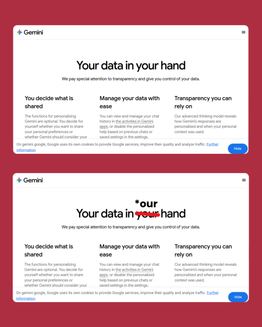 Image shows two screenshots of gemini with the latter being altered from "Your data in your hand" to "your data in our hand"