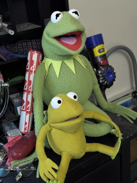 A puppet that resembles Robin the Frog next to a puppet that resembles Kermit the frog 