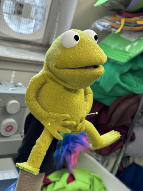 Left view of a puppet that resembles Robin the frog
