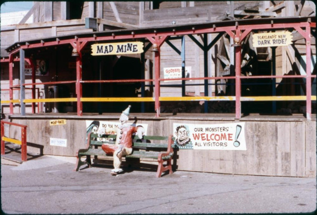 Playland 1972
The Mad Mine ride with a seated clown figure on a bench, the clown looks pretty faded and worn out. 