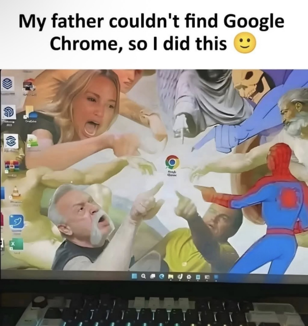 A computer monitor showing a desktop background composed of various "pointing" memes (including the "Woman Yelling at a Cat," Spider-Man, and "The Creation of Adam") all directed at a single Google Chrome icon in the center. The caption above reads: "My father couldn't find Google Chrome, so I did this 🙂."