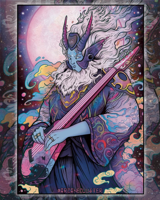 Illustration of "King of the Moonkin", holding his beloved bass. 
An original character from my worldbuilding project.