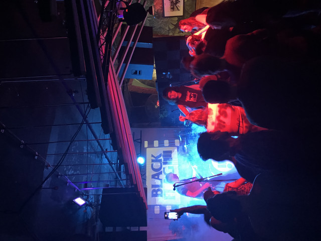 Crowded indoor concert scene with a small stage lit in saturated blue and red. A singer stands at center holding a microphone, with a guitarist to the left partly obscured by haze and stage lights. Audience members fill the foreground in silhouette, some raising phones to record. A sign reading “BLACK FLAG” is projected behind the band, and overhead rigging and lighting fixtures hang from the ceiling.