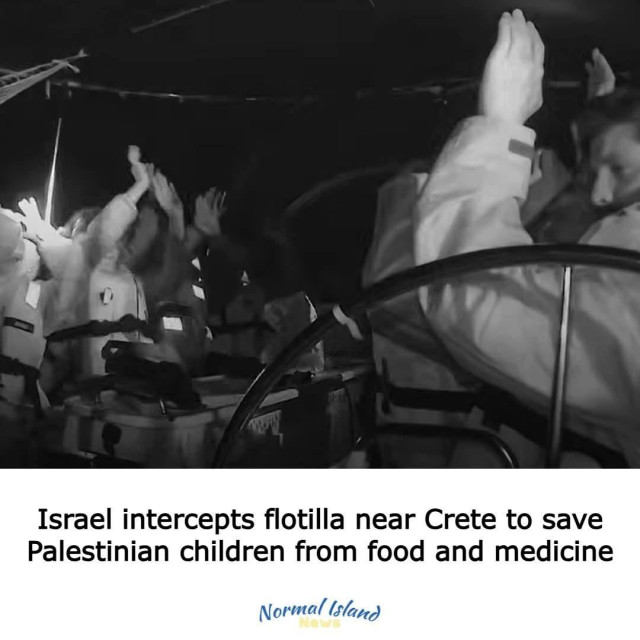 Israel intercepts flotilla near Crete to save Palestinian children from food and medicine.