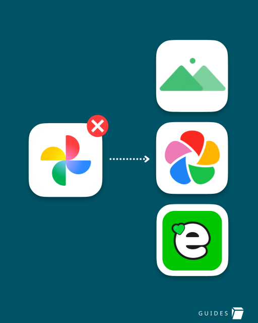 Google Photos app icon with a red cross in the corner and an arrow pointing to better DeGoogled photo apps: Zeitkapsl, Immich, and Ente Photos. 