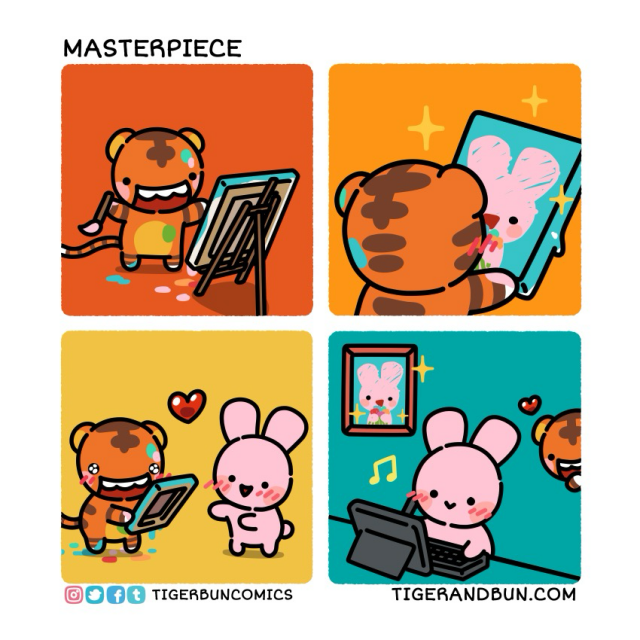 a comic of Tiger painting and gifting it to Bun
