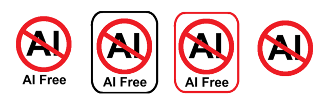 Four versions of the AI Free graphic with the letters "AI" inside a red circle with a slash through it and the words AI free underneath. Captioned only, Boderless, Black Border, Red Boarder, No Caption