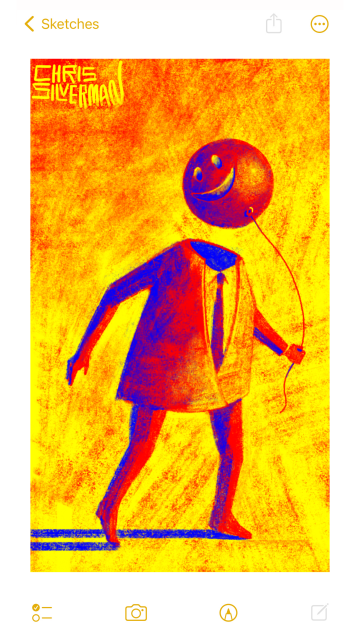 A person wearing a red suit and tie stands in a bright yellow space. The shadowy areas are deep blue, and the person casts a long blue shadow, as though they are in bright sunlight. The suit looks strangely smooth and simple, as though the person is a toy. The person does not have a head; hovering above their empty neck is a sphere with a smiley-face embossed onto it. The face is attached to a string that the person is holding, like a balloon.  The painting is signed "Chris Silverman".