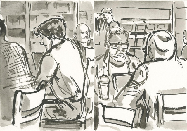 2 ink sketches on postcards of interior and people enjoying some time at coffee shop
