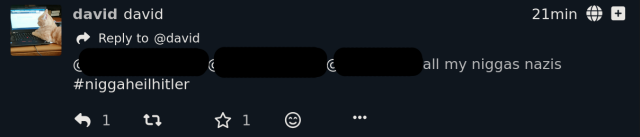 screenshot of david tagging 3 random people and saying "all my niggas nazis # nigga heil hitler" His username and display name are both david and his icon is a cat on a laptop.