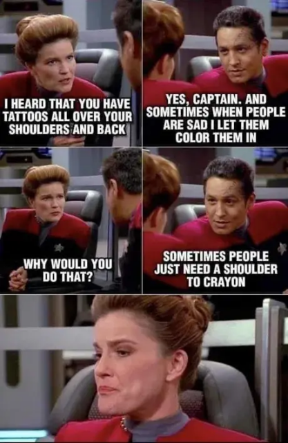 5 Panels aus Voyager, Janeway und Chakotay sprechen miteinander:
1. Panel, Janeway: I heard you have tatoos all over your shoulders and back
2. Panel, Chakotay: Yes, Captain. And sometimes when people are sad i let them color them in
3. Panel, Janeway: Why would you do that?
4. Panel, Chakotay: Sometimes people just need a shoulder to crayon
5. Panel: Janeway schaut komisch aus der Wäsche