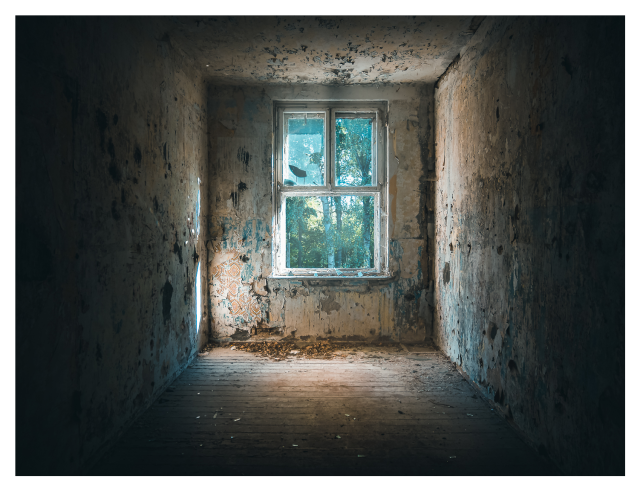 Ein leerer, verfallener Raum mit stark abgeplatzter Wandfarbe und beschädigten Flächen. Der Boden ist abgenutzt und mit Schmutz und kleinen Resten bedeckt. Helles Tageslicht fällt durch ein einzelnes Fenster an der Rückwand und beleuchtet den dunklen Innenraum. Draußen sind grüne Bäume im Sonnenlicht zu sehen, was einen deutlichen Kontrast zwischen dem verwahrlosten Inneren und der lebendigen Außenwelt erzeugt.