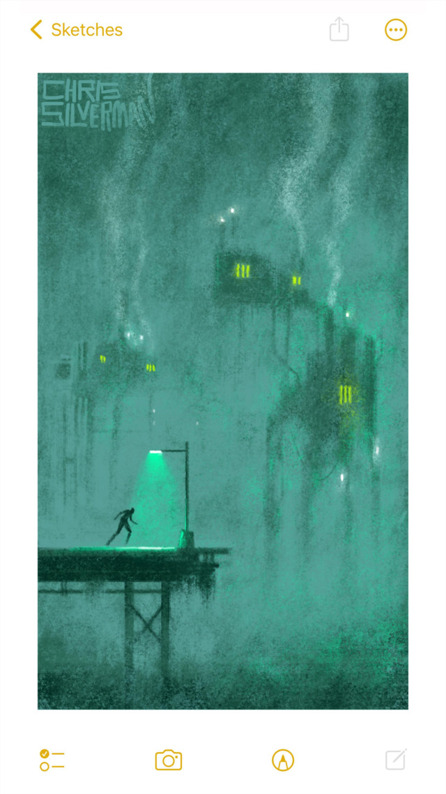A dark scene: a sky heavy with dull, greenish clouds. Looming up against the clouds are oddly shaped industrial structures: irregular, precarious-looking arrangements of blocks and pipes. They have a few small glowing greenish windows, white lights, and smoking chimneys. In the foreground is a dock jutting out over foggy water. The dock is illuminated by a single greenish street light. Racing towards the street light is a person. The painting is signed "Chris Silverman".