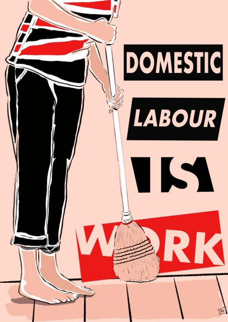 digital ink illustration of person from the waist down who's barefooted & holding a broom.
to the right of the figure are four rectangles.
the first contains the word 'domestic'; the second, 'labour'; the third, 'is' & the fourth, 'work'.
colours are black, white, pale peach & crimson.