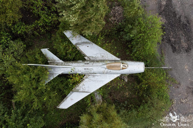 old plane in the forest, view from above