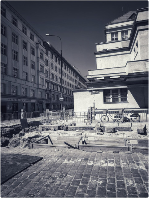 Corner of a city block under construction.