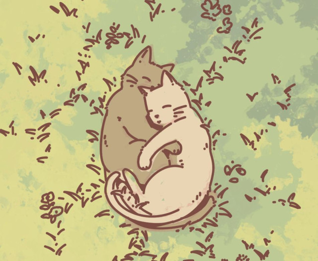 Drawing of 2 cats sleeping together in the grass. The colors are blocky and faded, as the illustration is unfinished.