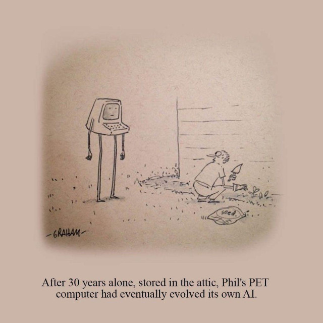 A cartoon illustration of a man gardening and looking back at a Commodore PET computer standing with long legs and arms staring at him. Caption reads "After 30 years alone, stored in the attic, Phil's PET computer had eventually evolved its own AI."