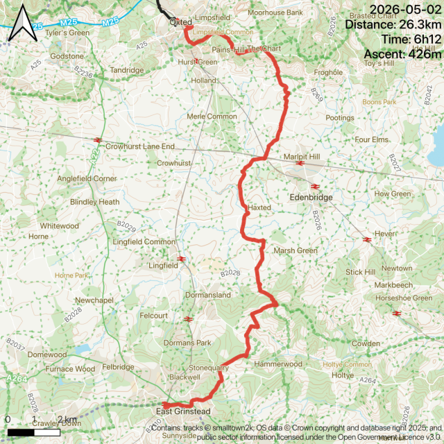 OS Zoomstack track map showing route from Oxted to East Grinstead