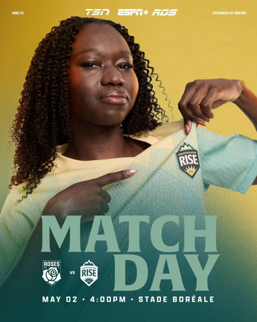 Promotional match poster featuring a female soccer player in a teal and gold jersey, pulling the fabric to point at the Vancouver Rise FC crest on her chest. Yellow gradient background. Large text reads “MATCH DAY.” Below, logos show Roses FC vs Vancouver Rise FC. Event details: May 02, 4:00PM, Stade Boréale. Broadcast logos for TSN, ESPN+, and RDS appear at the top alongside the slogan “Stronger by Nature.”