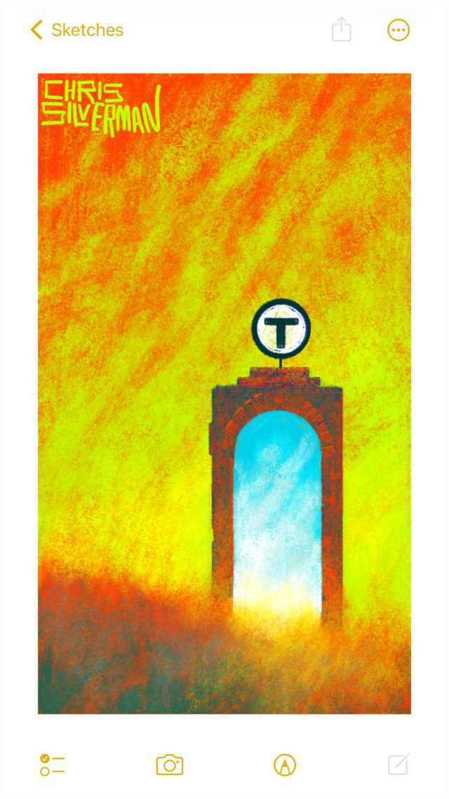 A reddish meadow under a fiery orange-yellow sky. Standing in the middle of the meadow is a doorway that appears to be a portal. Through the doorway is an entirely different world; one with a blue sky and white clouds. The doorway casts a yellow glow across the red grass, and is made of orange brick. Attached to the top of it is a round white sign with a black letter T: the logo for the Boston subway system. The painting is signed "Chris Silverman".