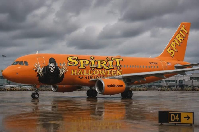 A Spirit airlines plane, taken over by Spirit Halloween