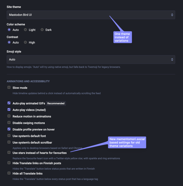 Mastodon Site theme settings, with Color scheme and Contrast