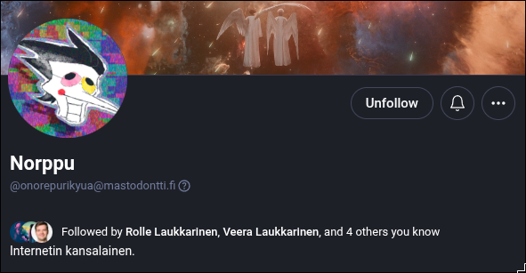 Kuvakaappaus Norpun Mastodon-profiilista.