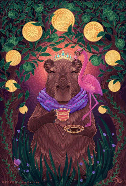 Nine of Coins, a capybara lady drinking Earl Grey tea from an intricate cup while her flamingo companion is sitting on her resting arm, surrounded by tee trees, nine coins and nature. https://www.deviantart.com/sylviaritter/art/Nine-of-Coins-905244555