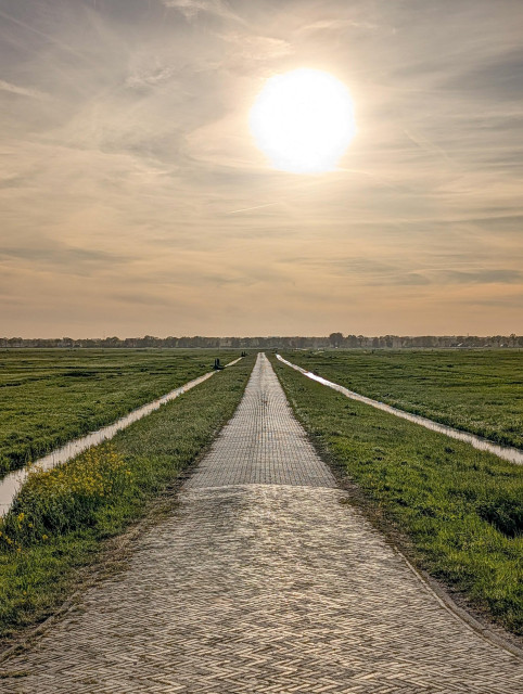A serene landscape characterized by a strong sense of linear perspective and the soft glow of a hazy sun.

A long, straight path made of herringbone-patterned bricks stretches from the foreground directly toward the horizon. The path is flanked by two narrow, parallel drainage ditches. The flat green polders are to the left and right of the central path.
